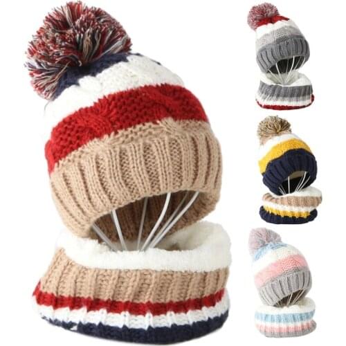 Kids Winter 2Pcs Cable Knit Beanie Hat Scarf Set Cute Pompom Contrast Color Stripes Skull Cap Plush Lined Neck Warmer