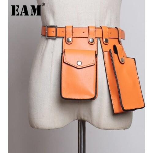 [EAM] Multicolor Orange Mini-bag Split Joint Pu Leather Belt Personality Women New Fashion Tide All-match Spring 2021 1U220