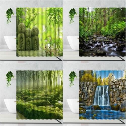 Forest Scenery Shower Curtain Rock Waterfall Green Jungle Natural Landscape Bathroom Decor Background Waterproof Bath Curtains