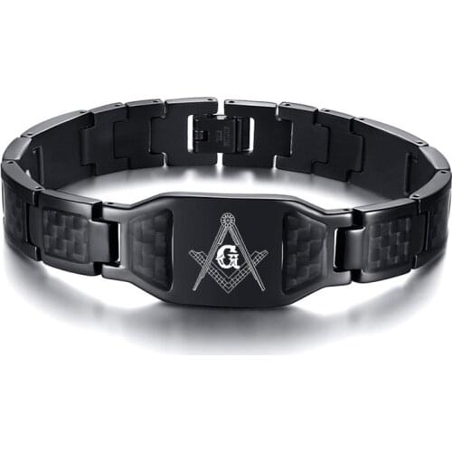 Masonic Bracelets Freemason Custom Logo Stainless Steel Black Carbon Fiber Link Bracelet