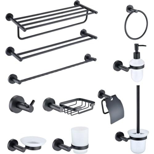 Matte Black Towel Rack Bathroom Hook Hardware Set Towel Bar Cup Holder Towel Ring Toilet Brush Paper Holder Bathroom Accessories