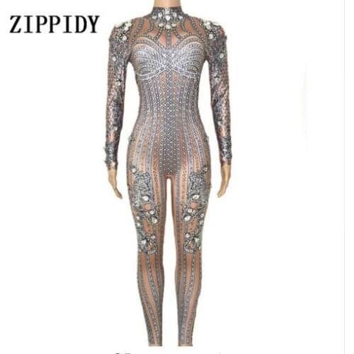 Fashion Silver Sparkly Rhinestones Jumpsuit Bodysuit Womens Performance Party Celebrate luxurious Costume Dance Clothing