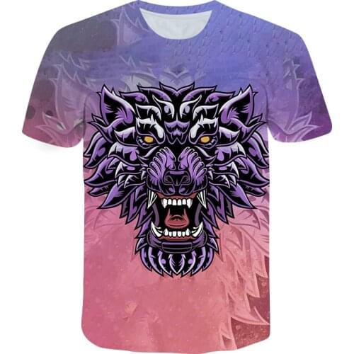 Wolf Head 3D Digital Printing Mens T-shirt 2021 Summer New Style European and American Popular Youth Casual Shirt