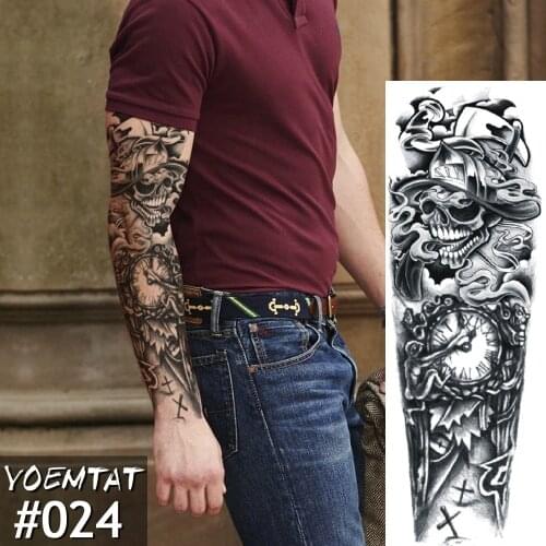 New 1 Piece Temporary Tattoo Sticker Skull clock Full Flower Tattoo with Arm Body Art Big Large Fake Tattoo Sticker