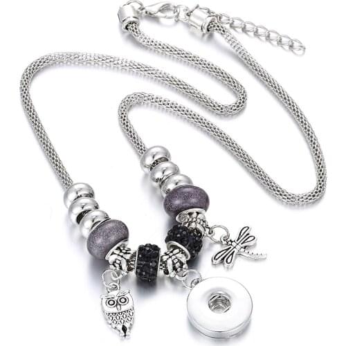 New Snap Jewelry Necklaces Owl Dragonfly Charms Beaded 18mm Snap Necklace Handmade DIY Snap Button Necklace Christmas Gift