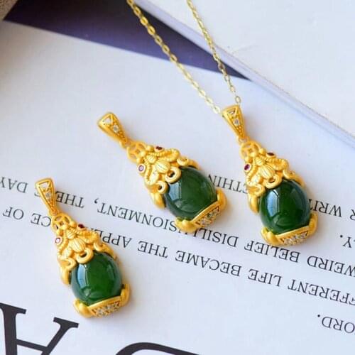 Green White Jade Necklace For Women Ethnic Vintage Fine Jewelry New