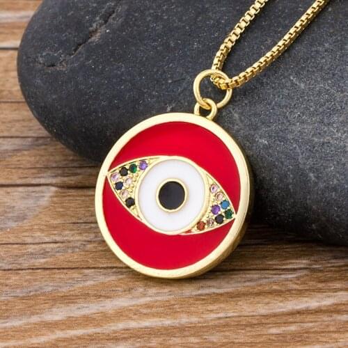 Lucky Round Evil Eye Pendant Necklace Gold Color Long Chain Micro Pave Copper CZ Necklace Charm Fashion Jewelry for Women Female