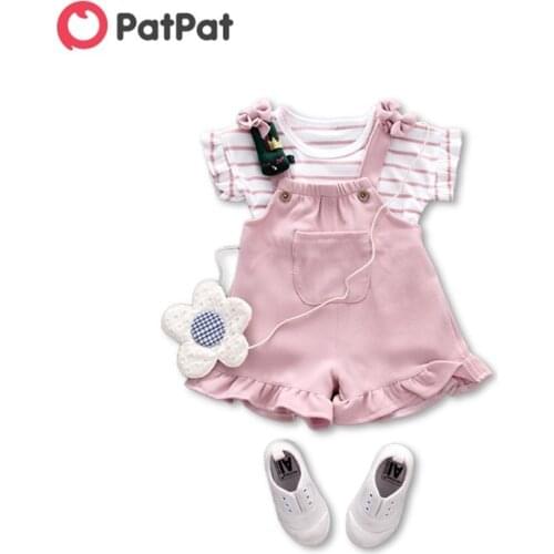 PatPat 2021 New Summer and Spring 2-piece Cute Striped Top and Ruffle-cuffs Overalls for Baby and Toddler Girl Sets