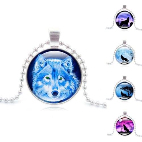 Silver Plated Jewelry with Glass Cabochon Wolf Pattern Choker Long Pendant Necklace for Unisex Party