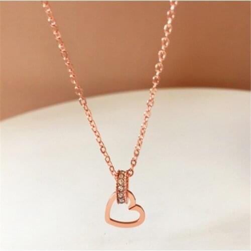 Simple Temperament Rose Gold Color Crystal Heart-Shaped Necklace Womens Wedding Clavicle Chain Necklace Female Jewelry Gift