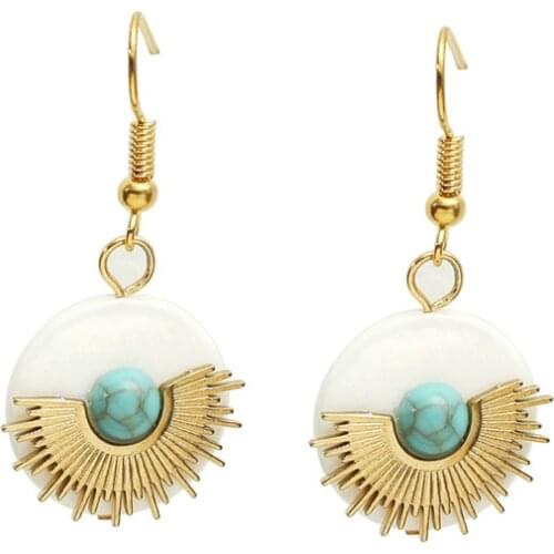 Handmade Round Shell Dangle Earrings For Women Stainless Steel Semicircle Sun Shape Blue Stone Drop Earrings 2021 New Earring