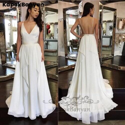 Chiffon V-neck Backless Zipper Long A-line Prom Dresses Sweep Train with Sash