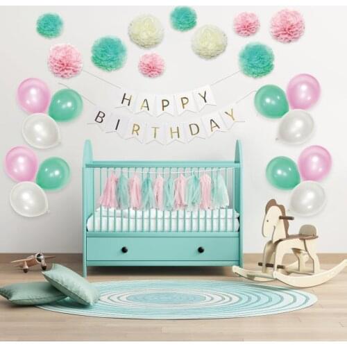 Pack of 51 Happy Birthday Banner Set Paper PomPom Latex Balloons Paper Tassels