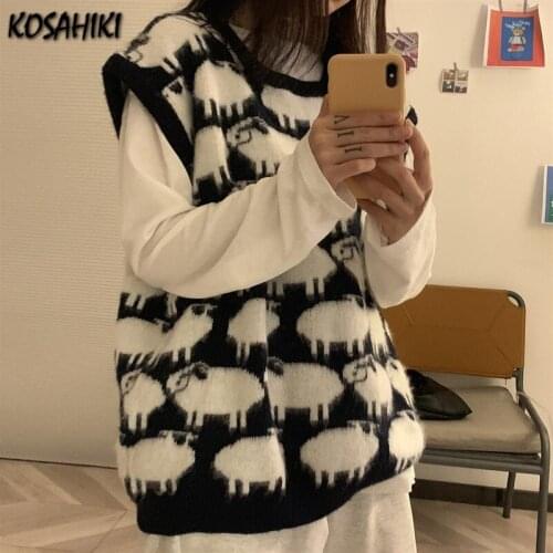 KOSAHIKI 2021 Spring Autumn Sweater Knitted Vest Korean Top Women Clothing Vintage Sleeveless Kawaii Harajuku Sheep Waistcoat