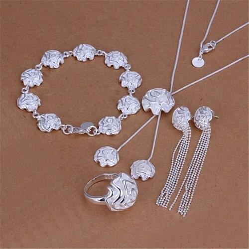 Wholesale silver color jewelry set temperament charm rose flower pendant necklace bracelets ring Stud Earrings S323