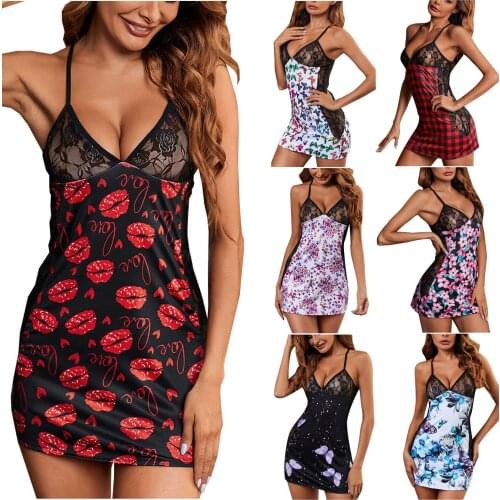 WomenS Nightdress Size S-3l Sexy Sling Stitching Lace V-Neck Low-Neck Print Sexy Lingerie Nightdress Экзотические платья 40