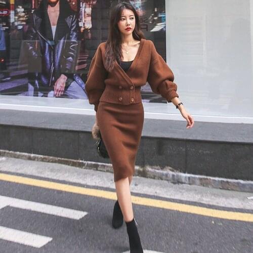 New arrival comfortable knit bouncy women sets Double breasted loose sweater and pencil skirt thick warm elegant vintage sets