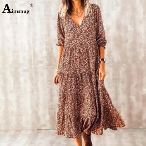 Aimsnug 2020 Summer Ladies Elegant V-neck Mid-Calf Dress Patchwork Bohemian Dresses Plus size 3XL Women Casual Brown Long Dress