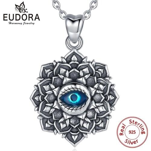 EUDORA 925 Sterling Silver Evil Eye Pendant Necklace Evil eye Lotus Choker Vintage Jewelry for Women Birthday Party Gift D274