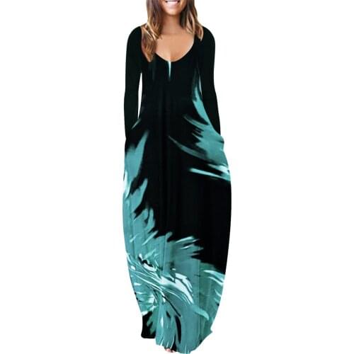 Dress Plus Size Dress Casual Fashion Sexy V-neck Pocket Long Sleeve Printing Long Dress Loose Comfortable Female Clothing