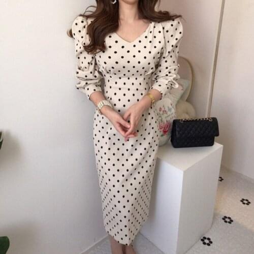 Women 2020 Spring Fashion Elegant Corduroy Dress Long Puff Sleeve Bodycon Midi Dress Sexy Retro Polka Dot Evening Party Dress