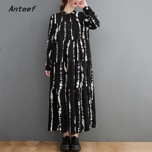 Long sleeve plus size black vintage dresses for women casual loose spring autumn dress elegant clothing 2021