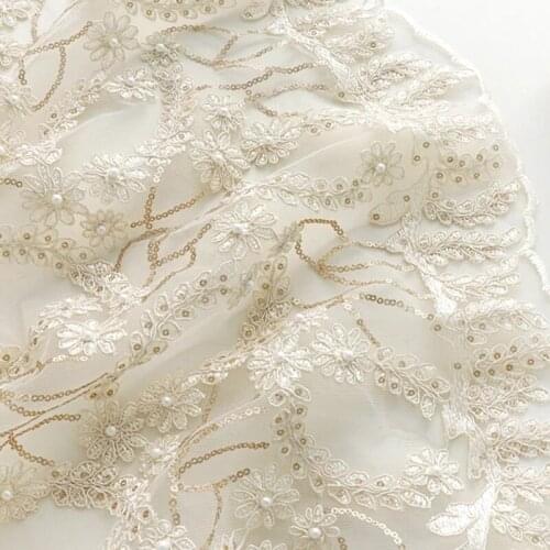 Champagne Mesh Embroidery Fabric Pearl Embroidery Lace For Wedding Dress Cheongsam Clothing Designer Fabric