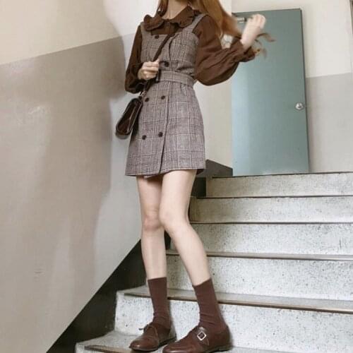 2020 New Style for Autumn and Winter Chic Hong Kong-Style Vintage Plaid Waist Hugging Lace-up Dungaree Dress Girls Short