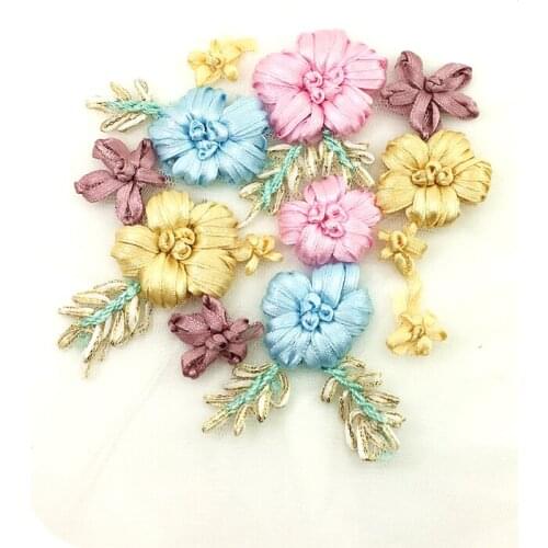4pc Ribbon Embroidery Patch Flower Embroidered Applique Patches For Clothing Parches Sewing Accessories DIY Sew On 12x13m AC1198