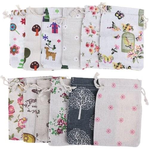 5PCS Cotton Bags For Gift Cloth Bags Drawstring Printing Multicolor Vintage Sack Burlap Gift Bag Wedding Party Pouch Jute Bag