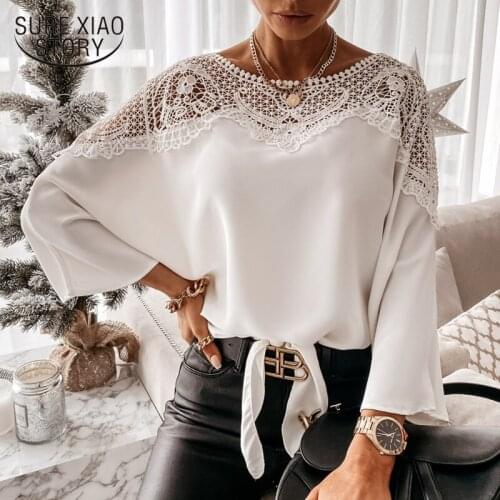 Blusas New Crochet Embroidery Lace shirt Women 2021 Spring Sexy Lace Stitching White Shirts Vintage Plus Size Ladies Tops