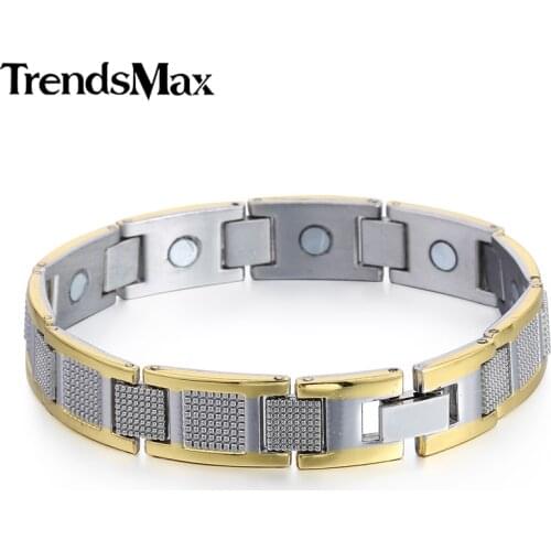 Trendsmax 11mm 20.5cm Mens Womens Watch Band Link Grid Stainless Steel Magnet Therapy Healthy Bracelet Bangle KB510