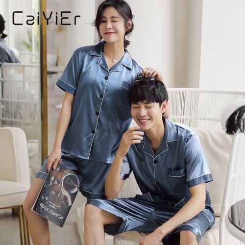 CAIYIER Summer Couples Pajamas Set Solid Short Sleeve Shorts Sleepwear Silk Lovers Nightwear Men & Women Casual Homewear M-3XL
