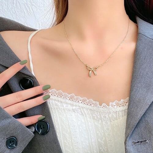 Vogallery Gold Color Chains For Women Fashion Zircon Bowknot Necklace Pendant Chain Simple Jewelry Gifts for the new year