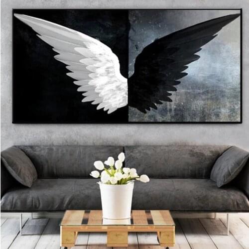 Black and white angel wings canvas paintings and posters, modern art style murals frameless paintings, home decoration paintings