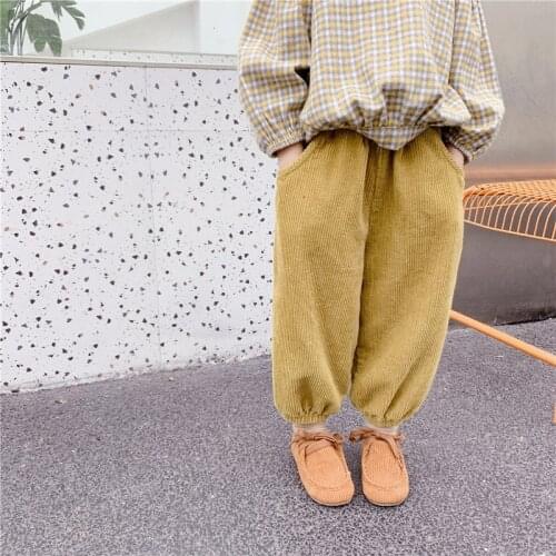 Kids Girls Corduroy Cargo Pants Winter Warm Children Clothing Loose Sweatpants Fashion Casual Sports Yellow Trousers for 2-8 Age