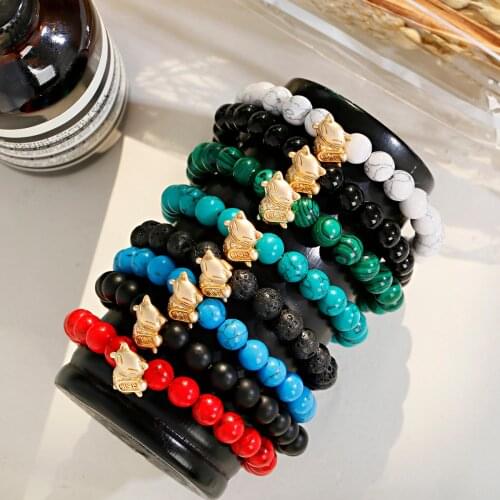 Unisex Couple Fashion Bracelet Cute Golden Color Lucky Cat Bead Decoration Natural 8MM Stone Beads Beaded Elastic Bracelet