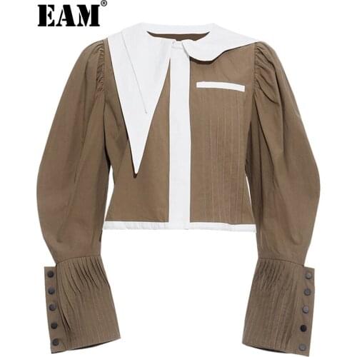 [EAM]contrast Color Lantern Sleeve Jacket New Lapel Long Sleeve Pleated Women Coat Fashion Tide Spring Autumn 2021 JY851