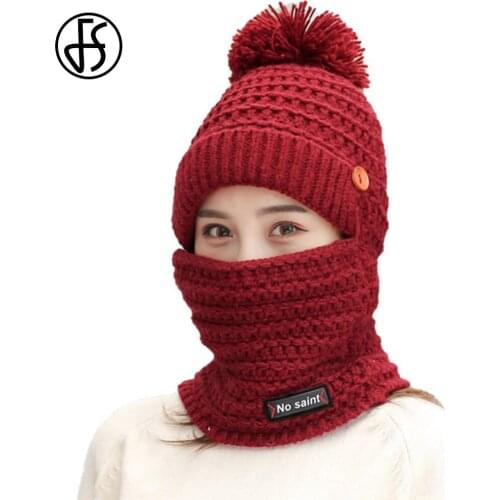 FS Woolen Hat And Scarf Set Warm Outdoor Windproof Cycling Winter Hats For Women Knitted Pompom Beanies Caps Designer Bonnet