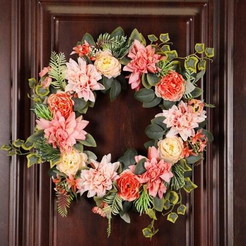 18inch Dahlia Flower Wreath Artificial Eucalyptus Garland Farmhouse Wreath Front Door Wall ing for Wedding Wreath Home Decor