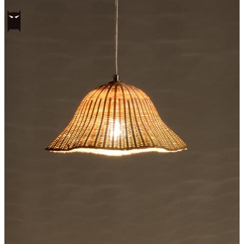 Delicate Art Deco Bamboo Wicker Rattan Flower Pattern Pendant Light Fixture Modern Style Hanging Lamp Living Dining Room Bedroom