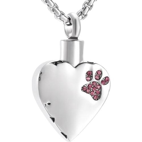 JJ001 Pet Memorial Urn Necklace Pink Crystal Dog Paw In My Heart Stainless Steel Cremation jewelry that holds cremated ashes