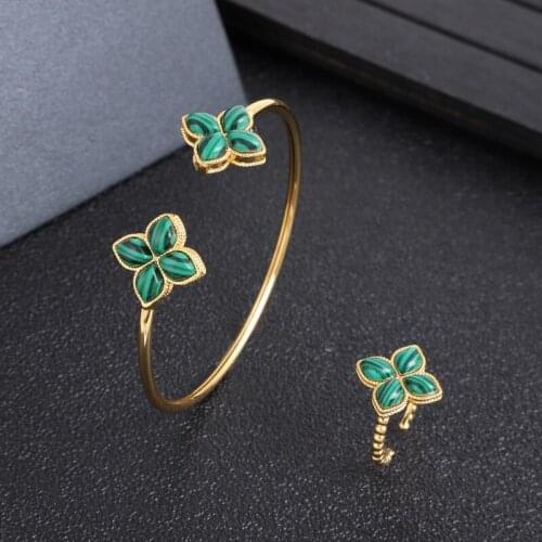 HIBRIDE Trendy Flower Cuff Bracelet and Ring Set Elegant Full Zirconia Wedding Engagement Women Bangle Jewelry Sets bijoux N-42