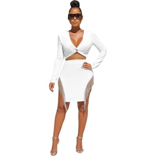 Sexy Women White Long Sleeve 2 Pieces Set 2020 New Fashion Ladies V Neck Tassel Party Womens Set