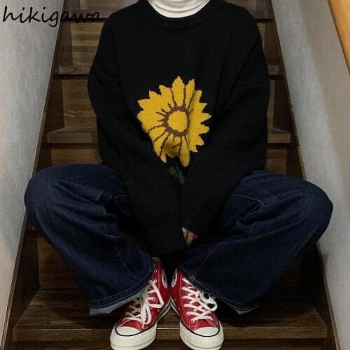 Hikigawa Korean Outer Wear Warm Jacquard Sweater Women 2021 Autumn Winter Lazy Style Knitted Tops Loose Casual Pullover Coat