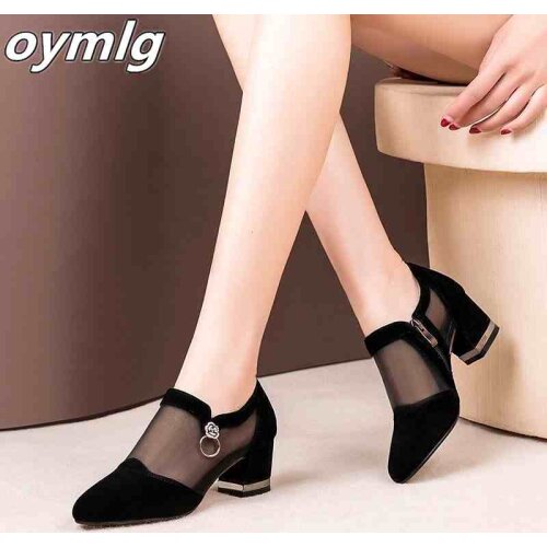 Summer Women High Heel Shoes Mesh Breathable Pumps Zip Pointed Toe Thick Heels Fashion Female Dress Shoes Elegant Footwear