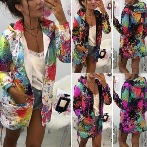 Fashion Women Plus Size Jacket Coat Fall Floral Print Pockets Long Sleeve Hooded Jacket Drawstring Zipper Coat For Female Jacket