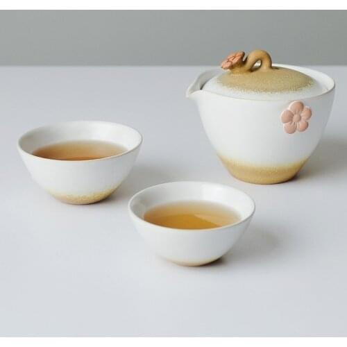 Japanese Ceramic Teapot One Pot two Cups Outdoor Travel 1-2 persons portable travel tea set Bamboo woven bag gift household