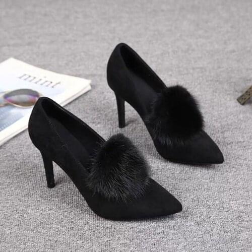 Mink Hair High Heels 2020 New Autumn And Winter Fur Shoes Plus Velvet Female Shoes Pointed Black