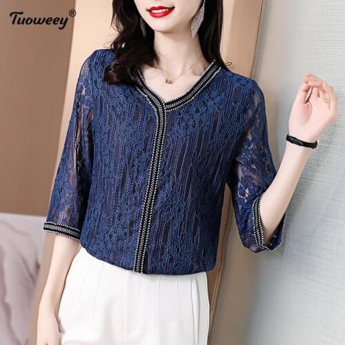 New summer Womens Tops Summer Blusas Mujer De Moda 2021 Solid Ladies Short Sleeve V Neck blue Womens Blouses Lace Shirts